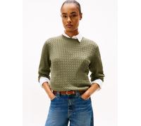 Rundhalspullover TOMMY HILFIGER "CO CABLE C-NK LS SWEATER", Damen, Gr. L (40), grün (battle grün), Strick, Obermaterial: 100% Baumwolle, unifarben, regular fit hüftlang, Rundhals, Rippstrickbündchen, 