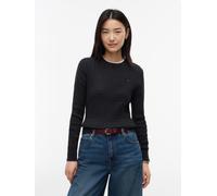 Rundhalspullover TOMMY HILFIGER "CO CABLE C-NK LS SWEATER", Damen, Gr. L (42/44), dunkelgrau heather, Strick, Obermaterial: 100% Baumwolle, meliert, regular fit normal, Rundhals, Rippstrickbündchen, P