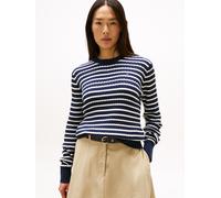 Rundhalspullover TOMMY HILFIGER "CO CABLE C-NK LS SWEATER", Damen, Gr. M (38), beige (schwarz night navy, ivory silk stp), Strick, Obermaterial: 100% Baumwolle, gestreift, regular fit hüftlang, Rundha