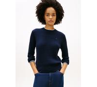 Rundhalspullover TOMMY HILFIGER "CO CABLE C-NK LS SWEATER", Damen, Gr. M (38), schwarz n navy tipping, Strick, Obermaterial: 100% Baumwolle, unifarben, regular fit hüftlang, Rundhals, Rippstrickbündch