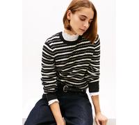 Rundhalspullover TOMMY HILFIGER "CO CABLE C-NK LS SWEATER", Damen, Gr. XS (34), schwarz, calico multi stp, Strick, Obermaterial: 100% Baumwolle, gestreift, regular fit hüftlang, Rundhals, Rippstrickbü