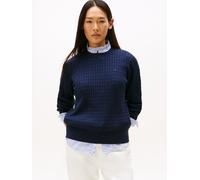 Rundhalspullover TOMMY HILFIGER "CO CABLE C-NK LS SWEATER", Damen, Gr. XXXL(46), schwarz night navy gs tipping, Strick, Obermaterial: 100% Baumwolle, unifarben, regular fit hüftlang, Rundhals, Rippstr