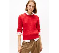 Rundhalspullover TOMMY HILFIGER "CO CABLE MID GG C-NK LS SWT", Damen, Gr. L (40), primary rot, Strick, Obermaterial: 100% Baumwolle, unifarben, regular fit normal, Rundhals, Rippbündchen, Pullover Run