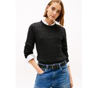 Rundhalspullover TOMMY HILFIGER "CO CABLE MID GG C-NK LS SWT", Damen, Gr. XS (34), schwarz, Strick, Obermaterial: 100% Baumwolle, unifarben, regular fit normal, Rundhals, Rippbündchen, Pullover Rundha