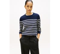 Rundhalspullover TOMMY HILFIGER "CO JERSEY STITCH LS C-NK SWT", Damen, Gr. L (40), schwarz night navy, calico multi stp, Strick, Obermaterial: 67% Baumwolle, 33% Polyamid, gestreift, normal hüftlang,