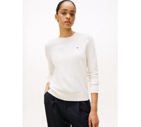 Rundhalspullover TOMMY HILFIGER "CO JERSEY STITCH LS C-NK SWT", Damen, Gr. L (40), weiß (ivory petal), Strick, Obermaterial: 67% Baumwolle, 33% Polyamid, unifarben, normal hüftlang, Rundhals, Bündchen