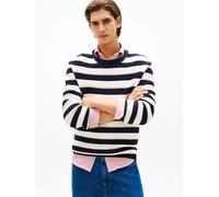 Rundhalspullover TOMMY HILFIGER "CROCHET BLOCK STRIPE CREW NECK", Herren, Gr. M, schwarz-weiß (desert sky, ivory petal), Strick, Obermaterial: 100% Baumwolle, relaxed fit, Rundhals, Pullover Rundhalsp