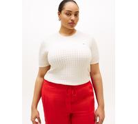 Rundhalspullover TOMMY HILFIGER CURVE "CRV CO CABLE FINE GG CNK S/S SWT", Damen, Gr. 50, weiß (heather ivory petal), Strick, Obermaterial: 100% Baumwolle, Zopfmuster, regular fit normal, Rundhals, Rip