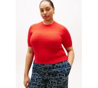 Rundhalspullover TOMMY HILFIGER CURVE "CRV CO CABLE FINE GG CNK S/S SWT", Damen, Gr. 54, rot (fireworks), Strick, Obermaterial: 100% Baumwolle, Zopfmuster, regular fit normal, Rundhals, Rippbündchen,