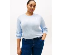 Rundhalspullover TOMMY HILFIGER CURVE "CRV CO CABLE FINE GG CNK SWEATER", Damen, Gr. 50, breezy blau, Strick, Obermaterial: 100% Baumwolle, Zopfmuster, regular fit normal, Rundhals, Rippbündchen, Pull