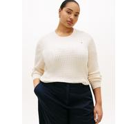 Rundhalspullover TOMMY HILFIGER CURVE "CRV CO CABLE FINE GG CNK SWEATER", Damen, Gr. 54, heather ivory petal, Strick, Obermaterial: 100% Baumwolle, Zopfmuster, regular fit normal, Rundhals, Rippbündch