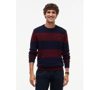 Rundhalspullover TOMMY HILFIGER "LAMBSWOOL CABLE CREW", Herren, Gr. XXL, navy blau, burgundy heather, Strick, Obermaterial: 100% Wolle, regular fit normal, Rundhals, Rippbündchen, Pullover Rundhalspul