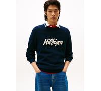 Rundhalspullover TOMMY HILFIGER "SEASONAL GRAPHIC COTTON", Herren, Gr. M, schwarz night navy, Strick, Obermaterial: 100% Baumwolle, normal normal, Rundhals, Rippbündchen, Pullover Rundhalspullover (42