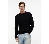 Rundhalspullover TOMMY JEANS "TJM REG CABLE KNIT SWEATER", Herren, Gr. L, schwarz, Strick, Obermaterial: 100% Baumwolle, regular fit normal, Rundhals, Rippbündchen, Pullover Rundhalspullover (47302854