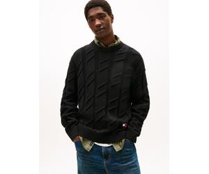 Rundhalspullover TOMMY JEANS "TJM REG CHUNKY CABLE", Herren, Gr. L, schwarz, Strick, Obermaterial: 100% Baumwolle, regular fit, Rundhals, Rippbündchen, Pullover Rundhalspullover, Grobstrick mit Zopfmu
