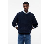 Rundhalspullover TOMMY JEANS "TJM RELAXED FLAG CABLE SWEATER", Herren, Gr. L, blau (dunkelblau), Strick, Obermaterial: 100% Baumwolle, relaxed fit normal, Rundhals, Rippbündchen, Pullover Rundhalspull