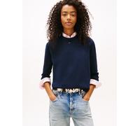 Rundhalspullover TOMMY JEANS "TJW ESSENTIAL CREW SWEATER EXT", Damen, Gr. XS (34), blau (schwarz night navy), Feinstrick, Obermaterial: 100% Baumwolle, unifarben, regular fit normal, Rundhals, Rippstr
