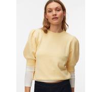 Rundhalspullover VERO MODA "VMDOFFY 2/4 O-NECK PULLOVER GA NOOS", Damen, Gr. S, golden haze detail:weiß melange, Pullover Rundhalspullover, mit kurzen Puffärmeln (57788029-S) golden haze detail:weiß m