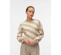 Rundhalspullover VERO MODA "VMLARA LS O-NECK PULLOVER GA BOO REP", Damen, Gr. M, beige (silber mink stripes:with birch), Strick, Obermaterial: 58% Polyester, 38% Polyacryl, 4% Elasthan, gestreift, reg