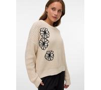Rundhalspullover VERO MODA "VMLAURA LS O-NECK PULLOVER BOO", Damen, Gr. S, beige (birch detail:with schwarz), Strick, Obermaterial: 60% Baumwolle, 40% Polyacryl, gemustert, regular fit, Rundhals, Ripp