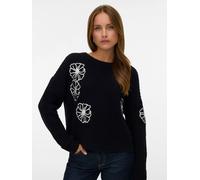 Rundhalspullover VERO MODA "VMLAURA LS O-NECK PULLOVER BOO", Damen, Gr. XS, schwarz (schwarz detail:with birch), Strick, Rippstrick, Obermaterial: 60% Baumwolle, 40% Polyacryl, gemustert, modisch, reg