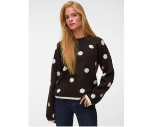 Rundhalspullover VERO MODA "VMLIV LS KNIT EXP EXP", Damen, Gr. L, braun (chocolate torte aop:weiß dots), Strick, Obermaterial: 50% Polyacryl, 50% Polyester, gepunktet, normal, Rundhals, Rippstrickbünd