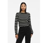 Rundhalspullover VILA "VIDALO O-NECK L/S STRIPE KNIT TOP- NOOS", Damen, Gr. L (40), schwarz stripes:weiß alyssum, Rippstrick, Obermaterial: 100% Baumwolle, gestreift, regular fit normal, Rundhals, Pul