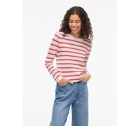Rundhalspullover VILA "VIDALO O-NECK L/S STRIPE KNIT TOP- NOOS", Damen, Gr. L, weiß alyssum stripes:hibiscus, Rippstrick, Obermaterial: 100% Baumwolle, gestreift, regular fit normal, Rundhals, Pullove