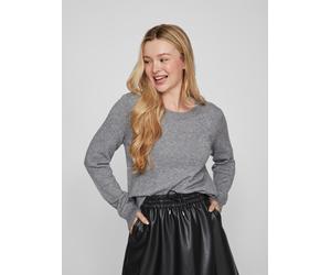 Rundhalspullover VILA "VIRIL O-NECK L/S KNIT TOP - NOOS", Damen, Gr. L, grau (medium grau melange), Feinstrick, Obermaterial: 50% Viskose, 27% Nylon, 23% Polyester, meliert, unifarben, regular fit nor