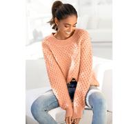 Rundhalspullover VIVANCE, Damen, Gr. 32/34, orange (pfirsich), Strick, Obermaterial: 72% Polyacryl, 25% Polyamid, 3% Elasthan, unifarben, figurumspielend hüftlang, Rundhals, Rippstrickbündchen, Pullov