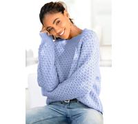 Rundhalspullover VIVANCE "mit besonderem Strickmuster", Damen, Gr. 32/34, blau, Strick, Obermaterial: 72% Polyacryl, 25% Polyamid, 3% Elasthan, unifarben, figurumspielend hüftlang, Rundhals, Rippstric