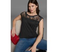 Rundhalsshirt AJC, Damen, Gr. 36/38 (S), schwarz, Single Jersey, Obermaterial: 100% Viskose. Spitze: 100% Polyester, unifarben, figurbetont hüftlang, Rundhals, Shirts Rundhalsshirt, Kurzarm, figurbeto