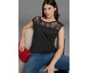 Rundhalsshirt AJC, Damen, Gr. 40/42 (M), schwarz, Single Jersey, Obermaterial: 100% Viskose. Spitze: 100% Polyester, unifarben, figurbetont hüftlang, Rundhals, Shirts Rundhalsshirt, Kurzarm, figurbeto