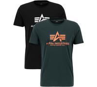 Rundhalsshirt ALPHA INDUSTRIES "Basic T 2 Pack", Herren, Gr. S, blau (schwarz, schwarz petrol), Single Jersey, Obermaterial: 100% Baumwolle, bedruckt, regular fit normal, Rundhals, Shirts Rundhalsshir