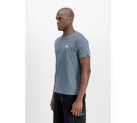 Rundhalsshirt ALPHA INDUSTRIES "BASIC T SMALL LOGO", Herren, Gr. M, blau (denim blau), Single Jersey, Obermaterial: 100% Baumwolle, bedruckt, schmal normal, Rundhals, eingesetzt gerader Abschluss, Shi