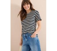 Rundhalsshirt CECIL, Damen, Gr. XS (36), bunt (universal blau), Web, 42% Baumwolle, 40% Polyester, 17% Viskose, 1% Elasthan, gestreift, comfort fit normal, Rundhals, abgesteppt, Shirts Rundhalsshirt,