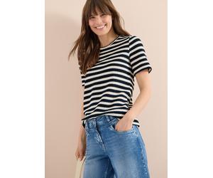 Rundhalsshirt CECIL, Damen, Gr. XS (36), bunt (universal blau), Web, 42% Baumwolle, 40% Polyester, 17% Viskose, 1% Elasthan, gestreift, comfort fit normal, Rundhals, abgesteppt, Shirts Rundhalsshirt,