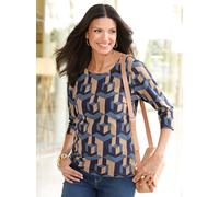 Rundhalsshirt CLASSIC BASICS "3/4-Arm-Shirt", Damen, Gr. 44, bunt (marine, camel, bedruckt), 100% Baumwolle, gemustert, mehrfarbig, Rundhals, Shirts Rundhalsshirt (92024458-44) marine, camel, bedruckt