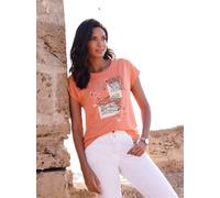Rundhalsshirt CLASSIC BASICS "Rundhals-Shirt", Damen, Gr. 38, orange (papaya, schwarz, bedruckt), 100% Baumwolle, ethno, gemustert, Rundhals, Shirts Rundhalsshirt (20450538-38) papaya, schwarz, bedruc
