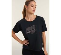 Rundhalsshirt FREDDY "Sportshirt", Damen, Gr. M (38), schwarz, Jersey, Obermaterial: 88% Polyester, 12% Elasthan, bedruckt, regular fit extrakurz, Rundhals, Shirts Rundhalsshirt, mit Aufdruck (5246885