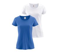 Rundhalsshirt FRUIT OF THE LOOM "Lady Fit Premium", Damen, Gr. XS (34), blau (weiß, royalblau), Single Jersey, Obermaterial: 100% Baumwolle, unifarben, Basic, figurbetont, Rundhals, eingesetzt abgeste