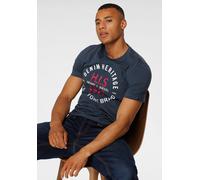 Rundhalsshirt H.I.S, Herren, Gr. L (52/54), blau (marine), Single Jersey, Obermaterial: 100% Baumwolle, bedruckt, schmal, Rundhals, Shirts Rundhalsshirt, Kurzarm, schmale Passform, mit Print, Rundhals