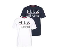 Rundhalsshirt H.I.S, Herren, Gr. L (52/54), blau (marine, weiß), Single Jersey, Obermaterial: 100% Baumwolle, bedruckt, schmal, Rundhals, Shirts Rundhalsshirt, schmal geschnitten, bedrucktes Design, R