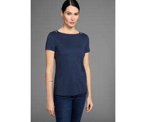 Rundhalsshirt HECHTER PARIS, Damen, Gr. 32/34, blau (marine), Single Jersey, Obermaterial: 50% Baumwolle, 50% Modal, unifarben, figurumspielend hüftlang, U-Boot-Ausschnitt, Shirts Rundhalsshirt, mit g