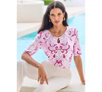Rundhalsshirt HEINE "Druck-Shirt", Damen, Gr. 48, rosa (rosé, hellrosé, bedruckt), 95% Viskose, 5% Elasthan, bedruckt, geblümt, gemustert, mehrfarbig, Rundhals, Shirts Rundhalsshirt (28086266-48) rosé