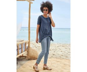 Rundhalsshirt HEINE "Longshirt", Damen, Gr. 34, blau (rauchblau), 100% Baumwolle, Rückenteil:100% Baumwolle, gemustert, unifarben, Rundhals, Shirts Rundhalsshirt (79759439-34) rauchblau