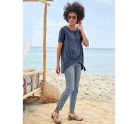 Rundhalsshirt HEINE "Longshirt", Damen, Gr. 50, blau (rauchblau), 100% Baumwolle, Rückenteil:100% Baumwolle, gemustert, unifarben, Rundhals, Shirts Rundhalsshirt (79759439-50) rauchblau