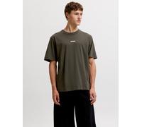 Rundhalsshirt JACK & JONES "JCOCLUB BACK SCRIPT TEE SS CREW NECK SN", Herren, Gr. M, grün (peat), Jersey, Obermaterial: 100% Baumwolle, bedruckt, relaxed fit normal, Rundhals, Shirts Rundhalsshirt, Ba