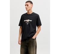 Rundhalsshirt JACK & JONES "JCOCLUB GRAPHIC FRONT PRINT TEE SS CN", Herren, Gr. M, schwarz, Jersey, Obermaterial: 100% Baumwolle, bedruckt, regular fit normal, Rundhals, Shirts Rundhalsshirt, Baumwoll