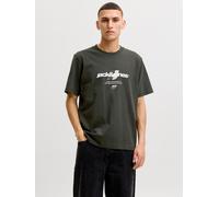 Rundhalsshirt JACK & JONES "JCOCLUB GRAPHIC FRONT PRINT TEE SS CN", Herren, Gr. XL, grün (peat), Jersey, Obermaterial: 100% Baumwolle, bedruckt, regular fit normal, Rundhals, Shirts Rundhalsshirt, Bau